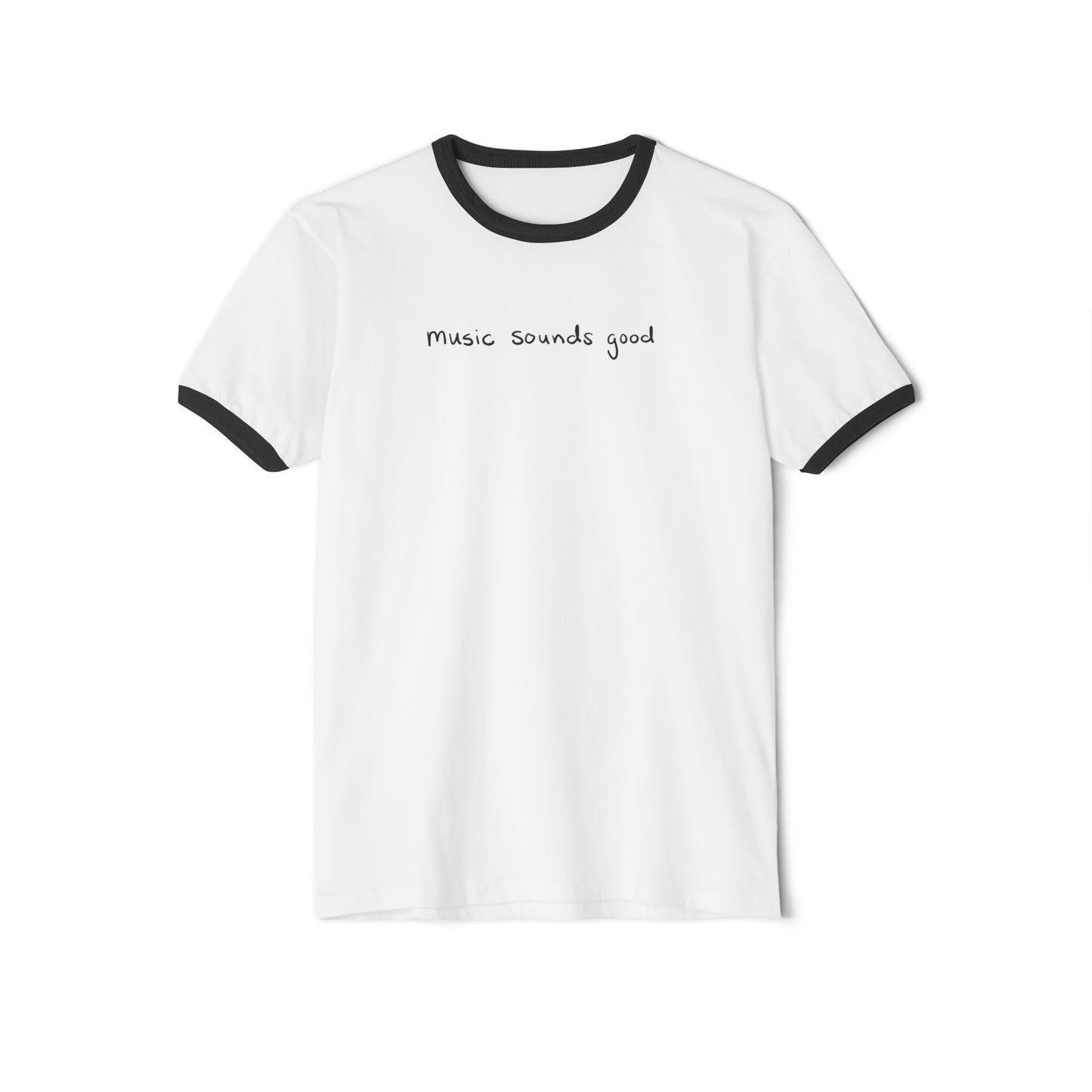 White ringer t-shirt with black trim and 'music sounds good' text on a white background