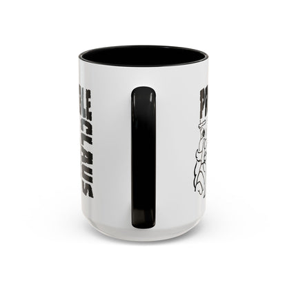 White mug with black interior and handle, featuring text and a graphic design on a white background