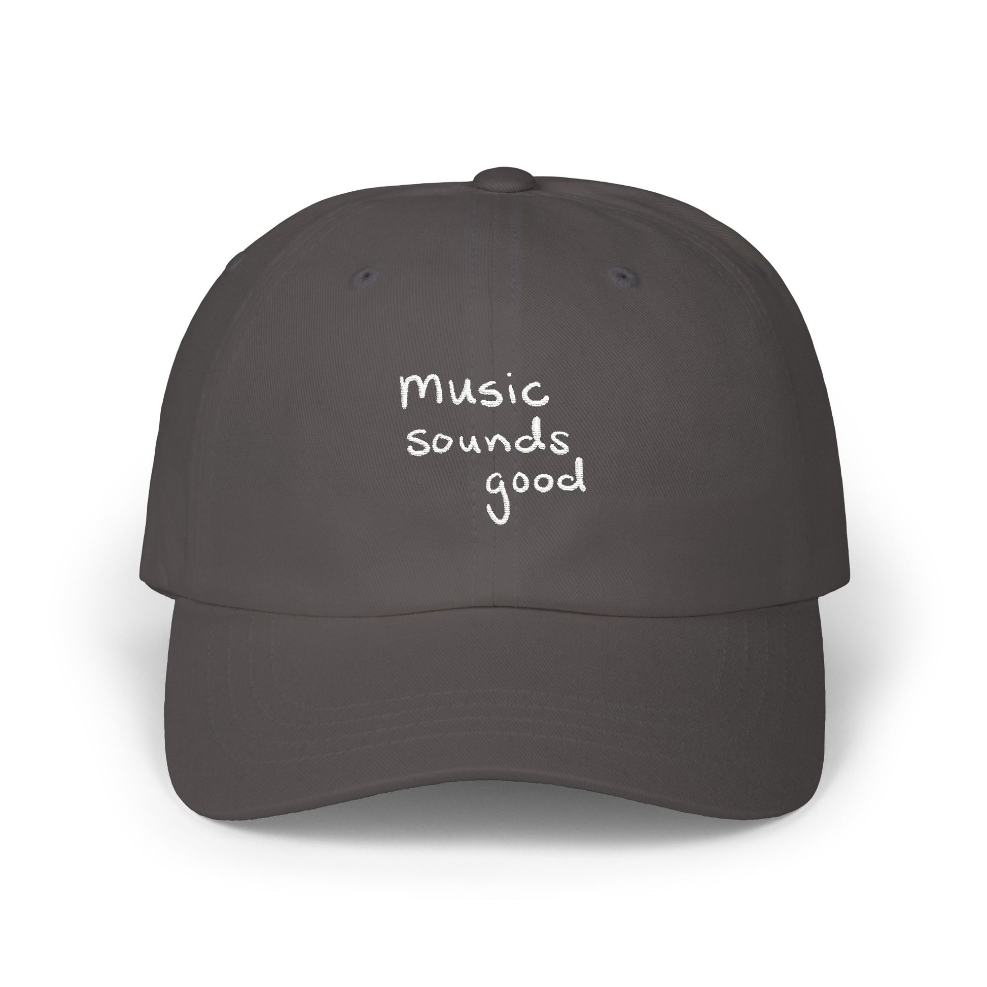 Gray cap with 'music sounds good' text on a white background