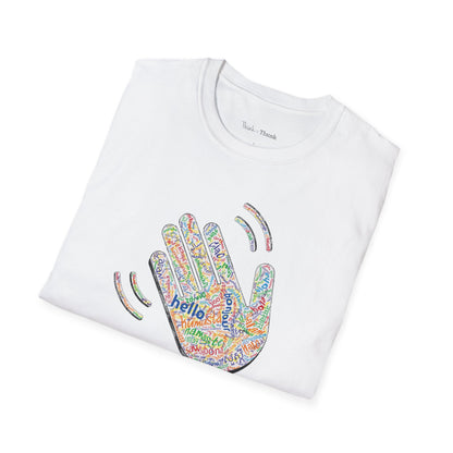 Folded white T-shirt with a colorful hand graphic filled with greetings from many languages - on a white background