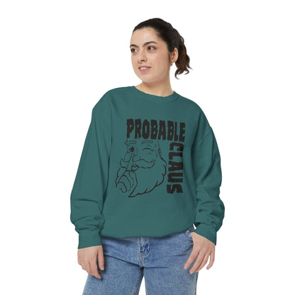Person wearing a teal sweatshirt with 'Probable Claus' graphic design on a white background