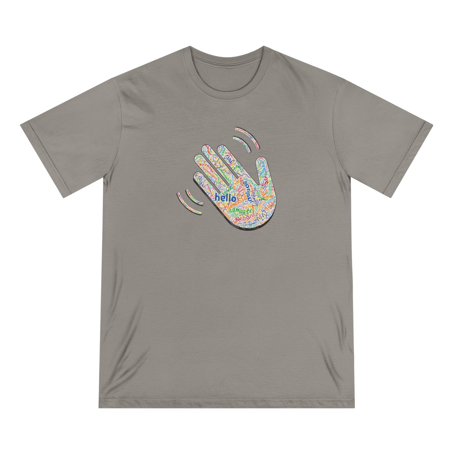 Gray t-shirt with colorful hand design and 'hello' text on a white background