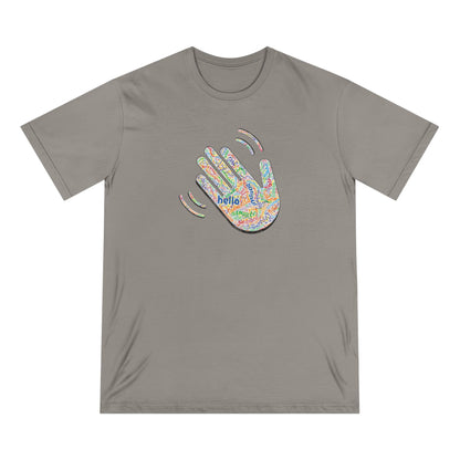 Gray t-shirt with colorful hand design and 'hello' text on a white background