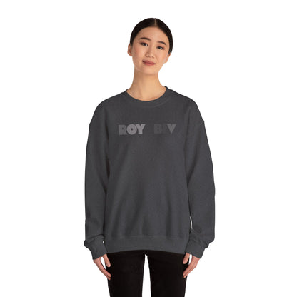 Person wearing a dark gray sweatshirt with 'ROYGBIV'  text on a white background