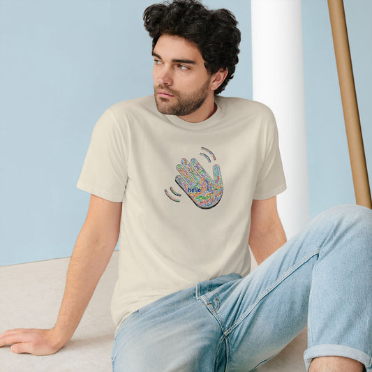 Man wearing a beige t-shirt with a colorful handprint design sitting on the floor.