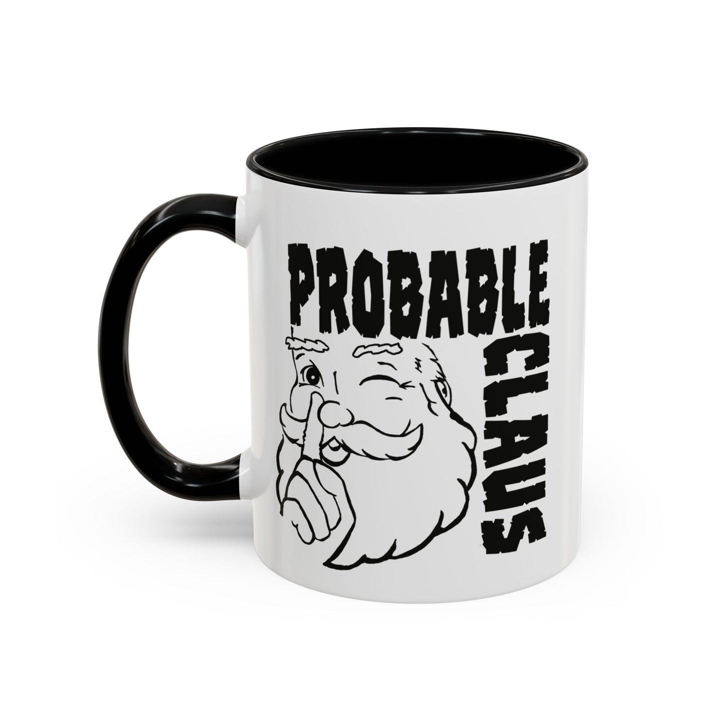 White mug with black interior and handle, featuring a cartoon Santa Claus and 'Probable Claus' text.