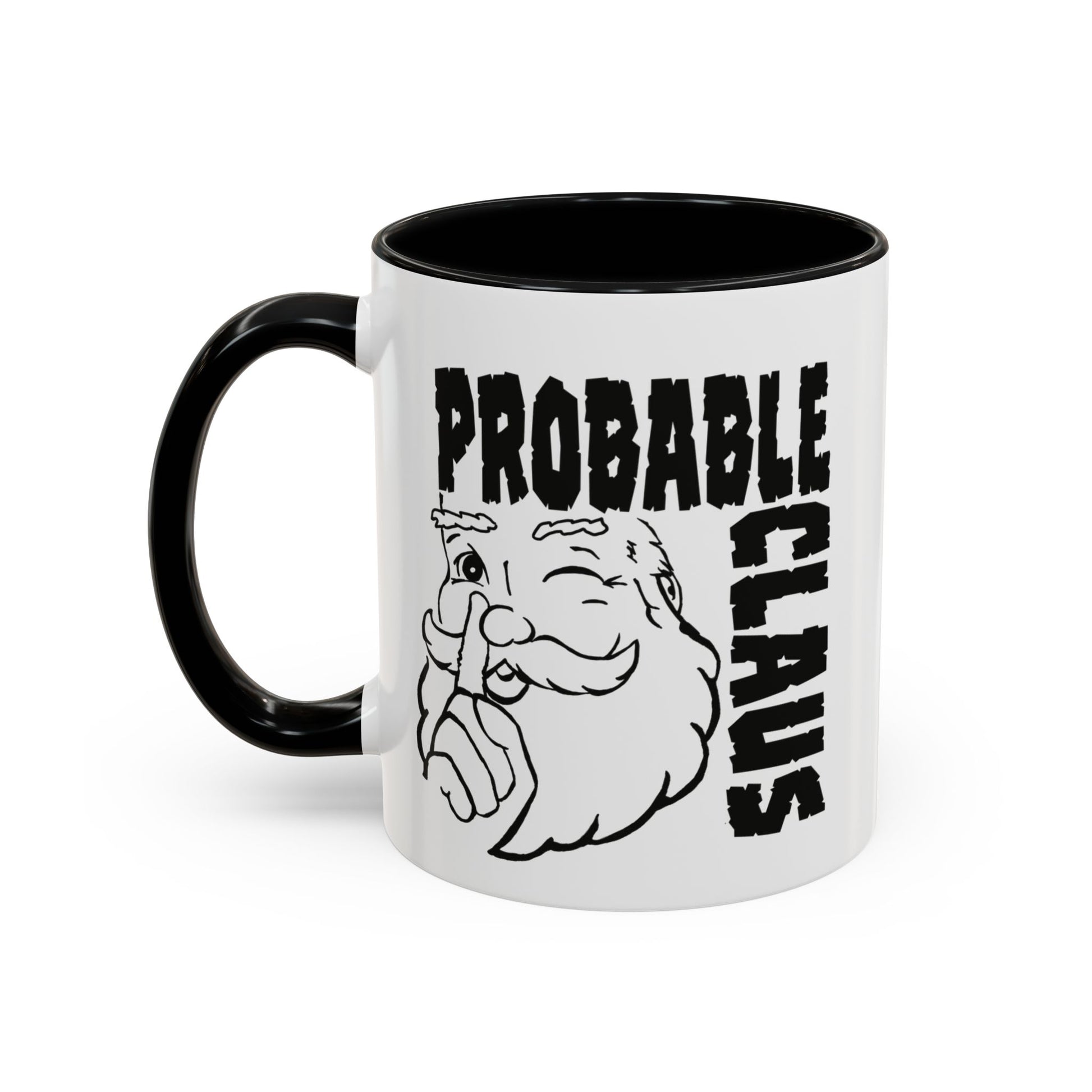 White mug with black interior and handle, featuring a cartoon Santa Claus and 'Probable Claus' text.