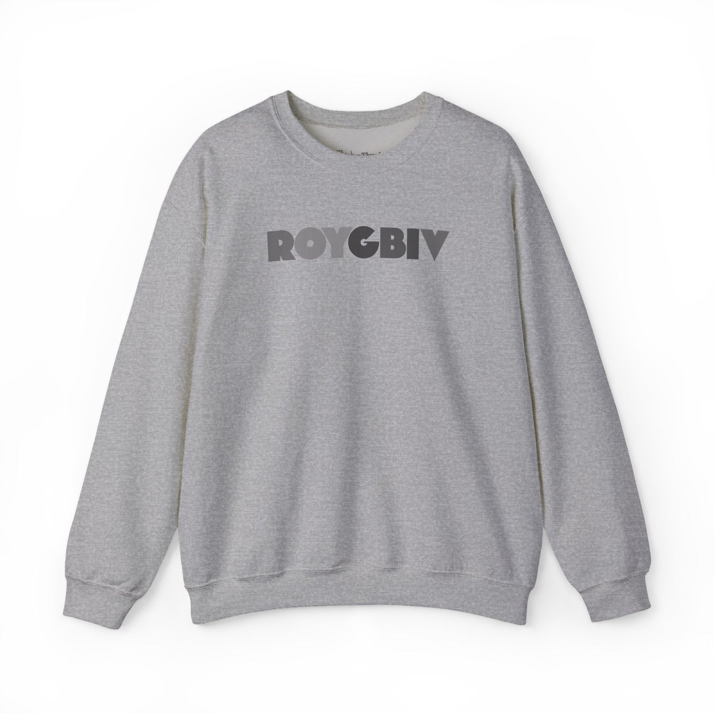 Gray sweatshirt with 'ROYGBIV' text on a white background