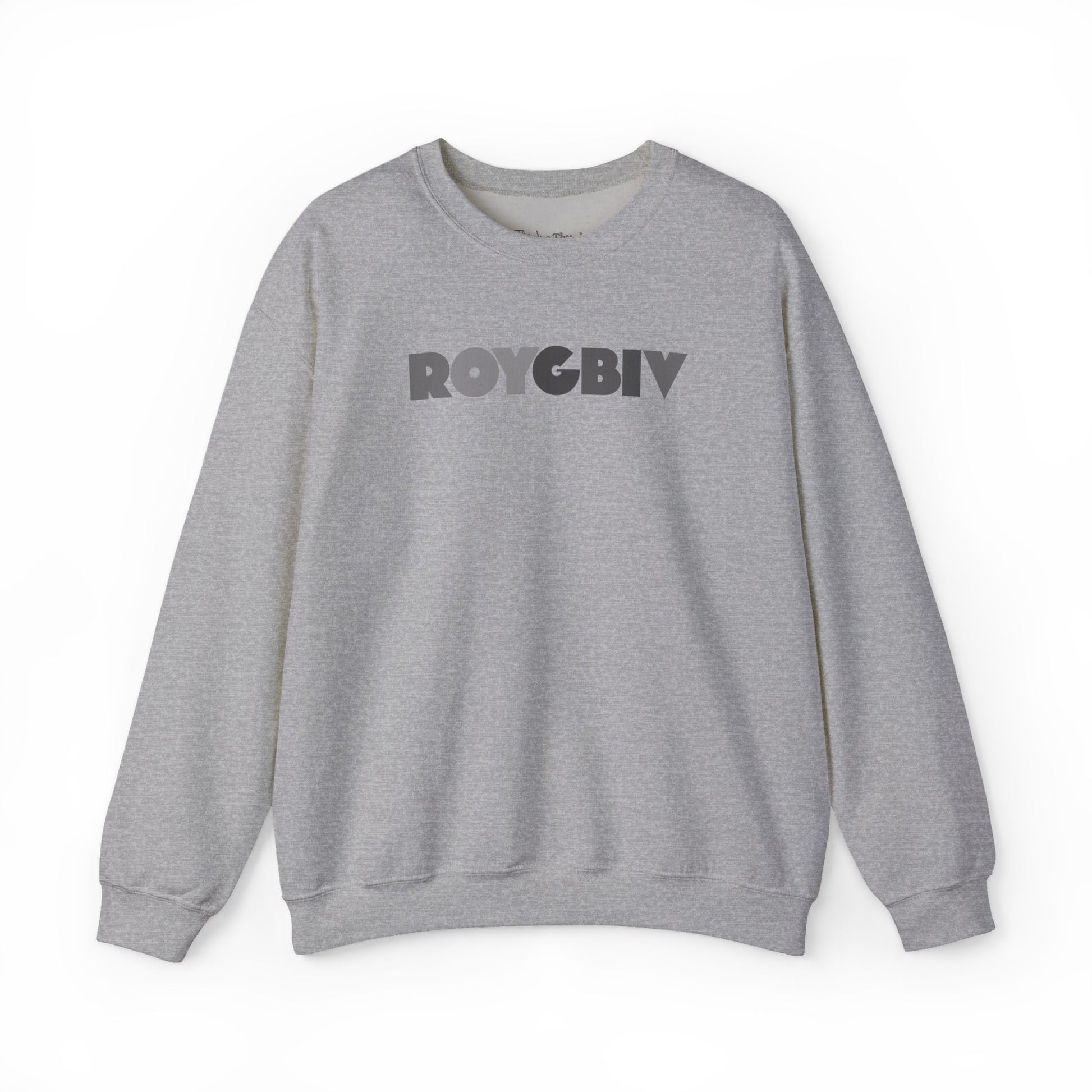 Gray sweatshirt with 'ROYGBIV' text on a white background