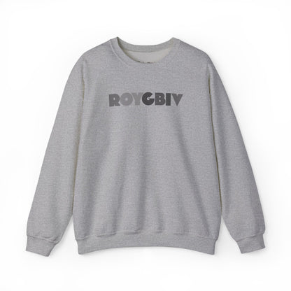 Gray sweatshirt with 'ROYGBIV' text on a white background
