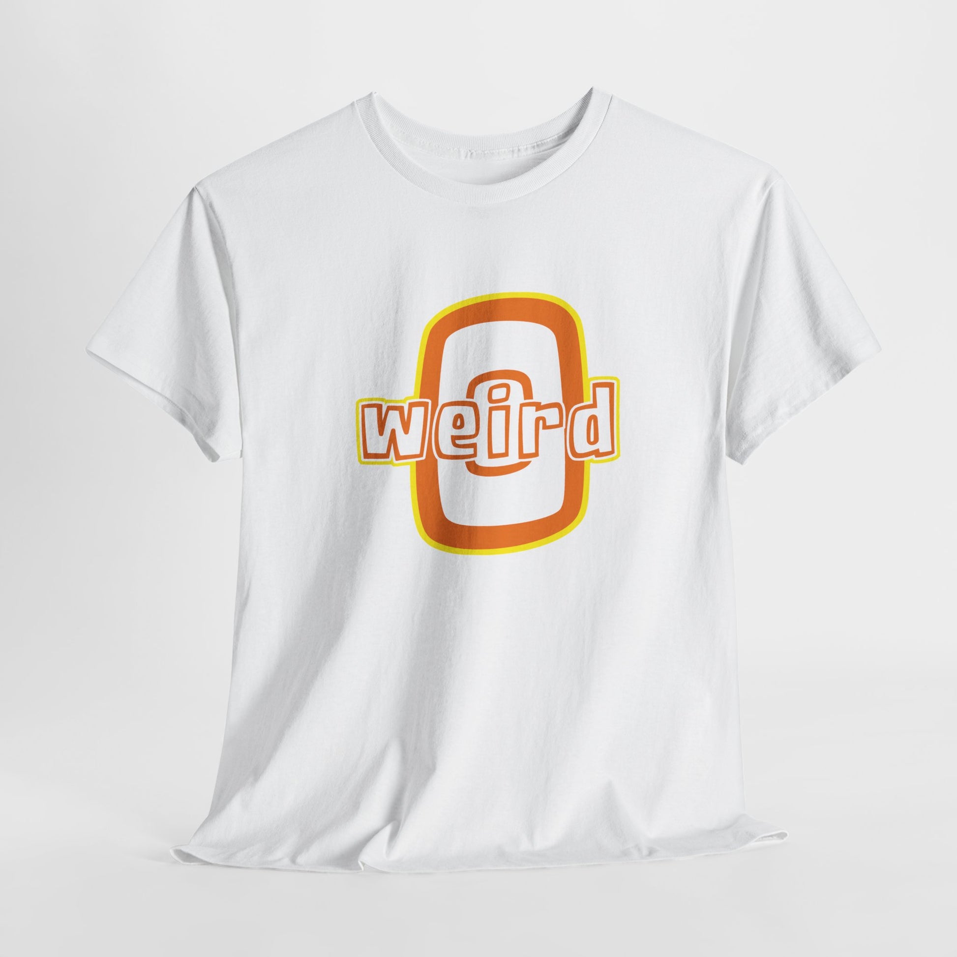 White t-shirt with 'weird' graphic design on a light gray background