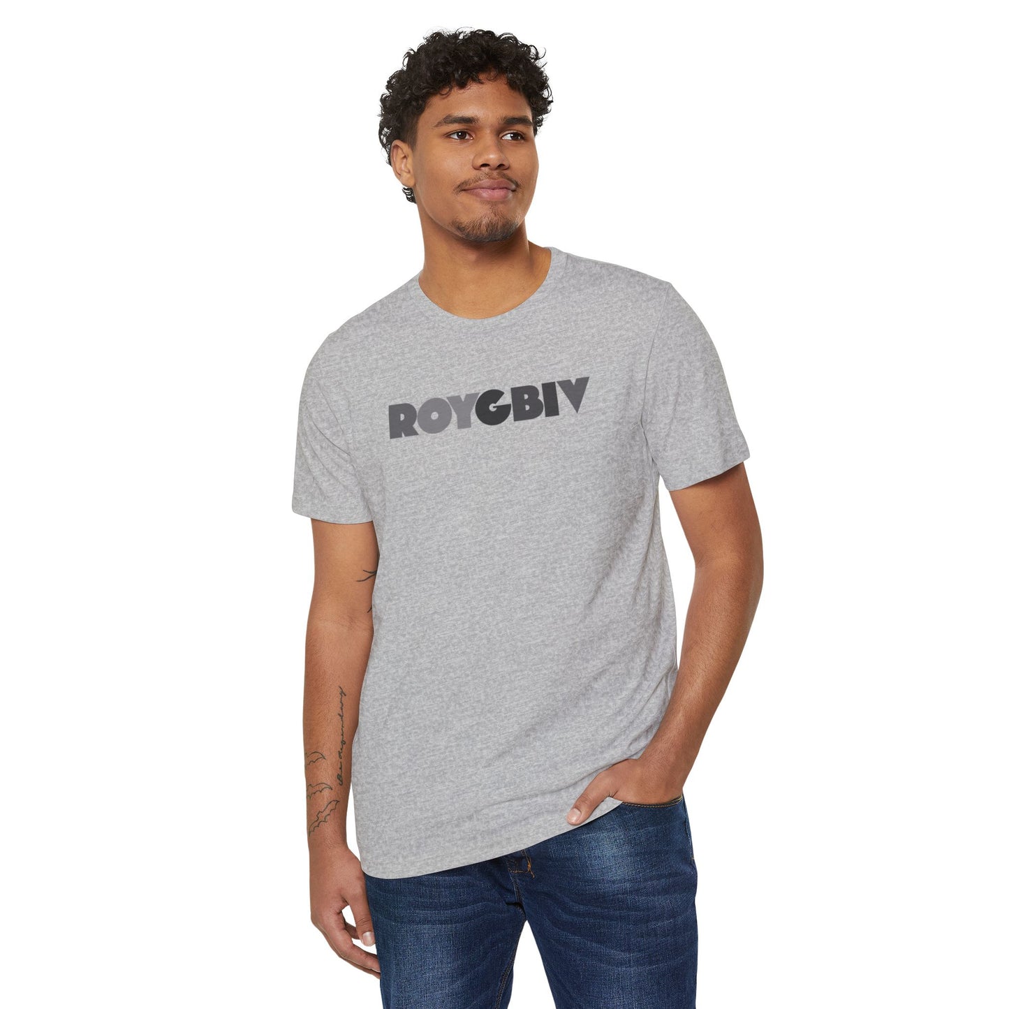 Man wearing a gray t-shirt with 'ROYGBIV' text on a white background