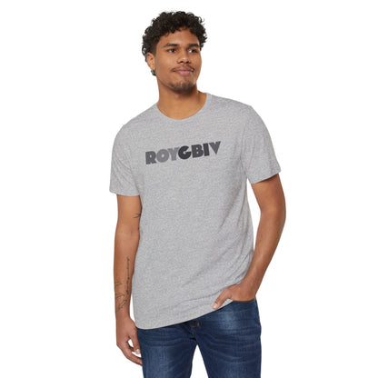 Man wearing a gray t-shirt with 'ROYGBIV' text on a white background
