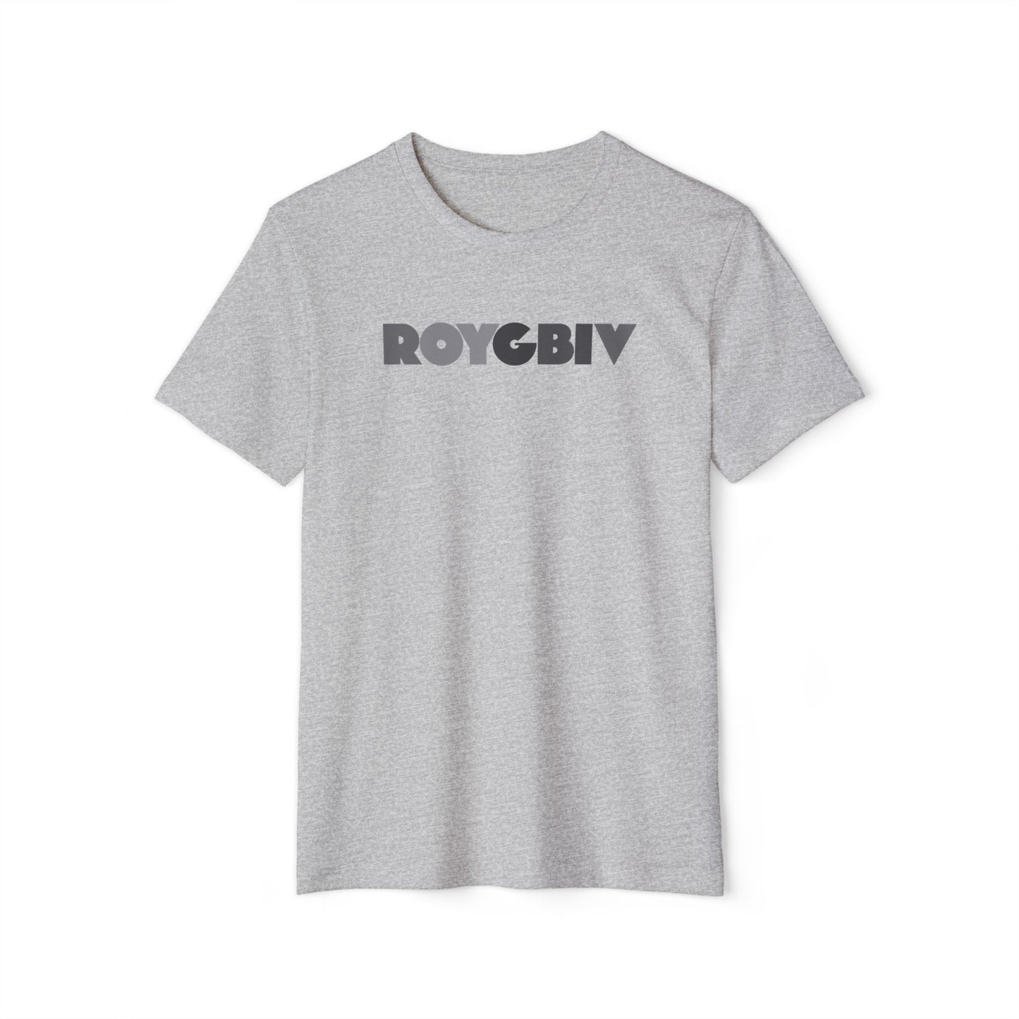 Gray t-shirt with 'ROYGBIV' text on a white background