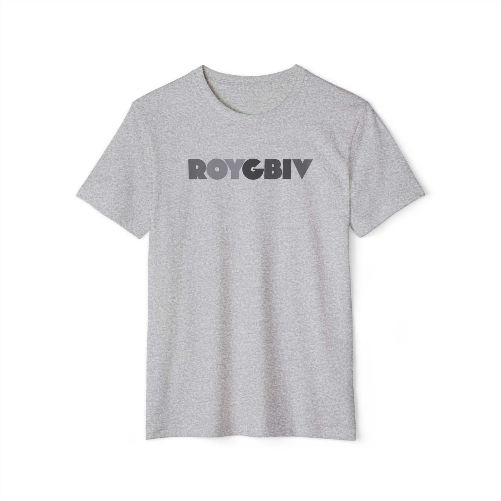 Gray t-shirt with 'ROYGBIV' text on a white background