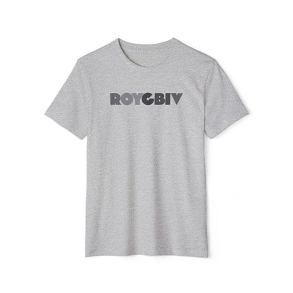 Gray t-shirt with 'ROYGBIV' text on a white background