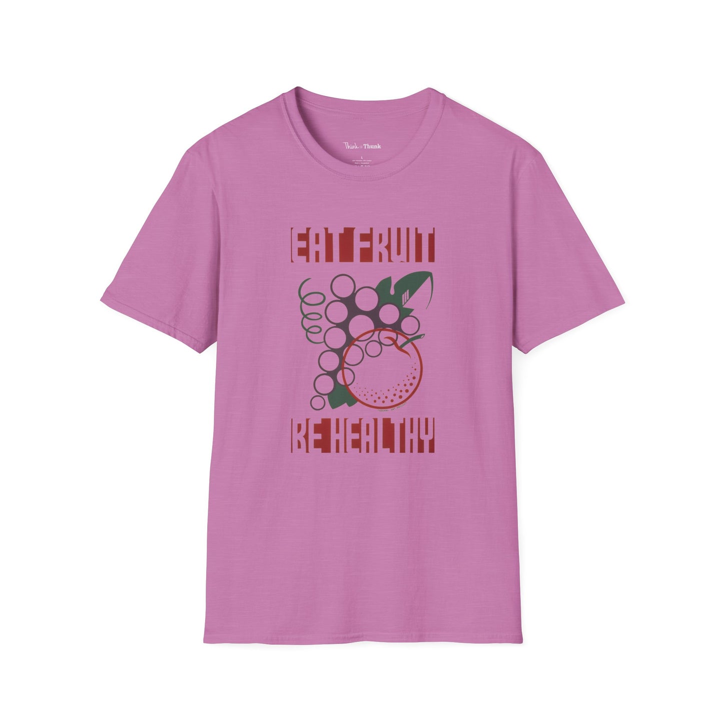 Pink t-shirt with a graphic design and the text "EAT FRUIT BE HEALTHY" on a white background