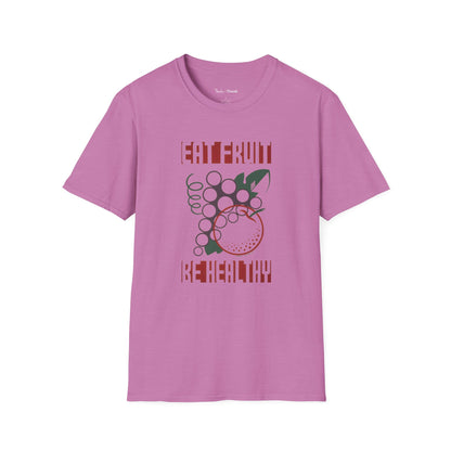 Pink t-shirt with a graphic design and the text "EAT FRUIT BE HEALTHY" on a white background