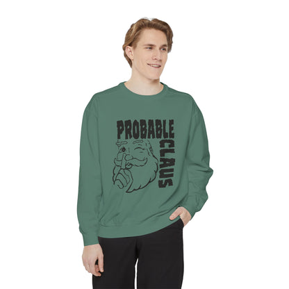 Person wearing a green sweatshirt with 'Probable Claus' graphic on a white background