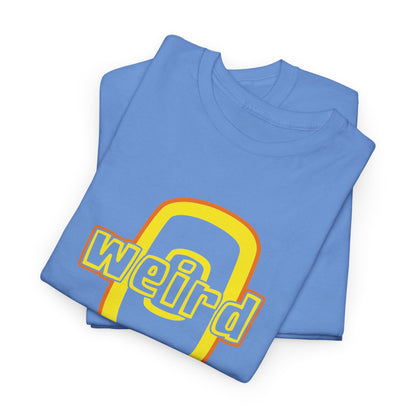 Folded blue t-shirt with 'weird' graphic design on a white background