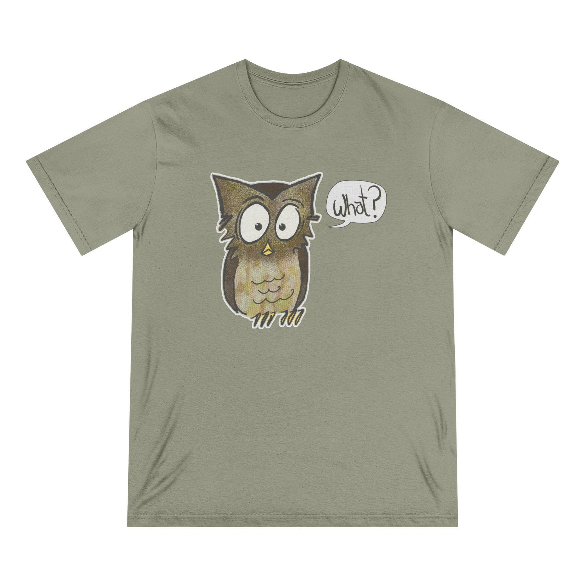 Olive green t-shirt with an owl graphic and 'What?' speech bubble on a white background