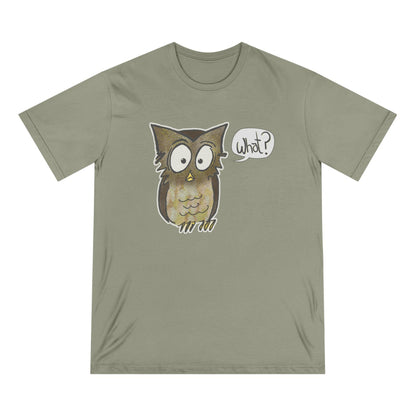 Olive green t-shirt with an owl graphic and 'What?' speech bubble on a white background