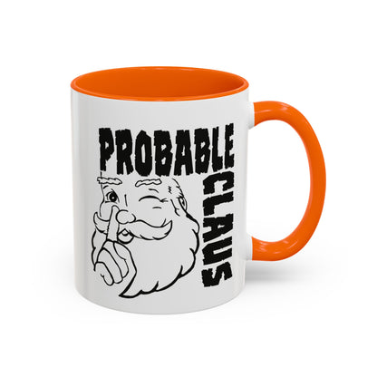 Mug with 'Probable Claus' text and Santa Claus illustration on a white background