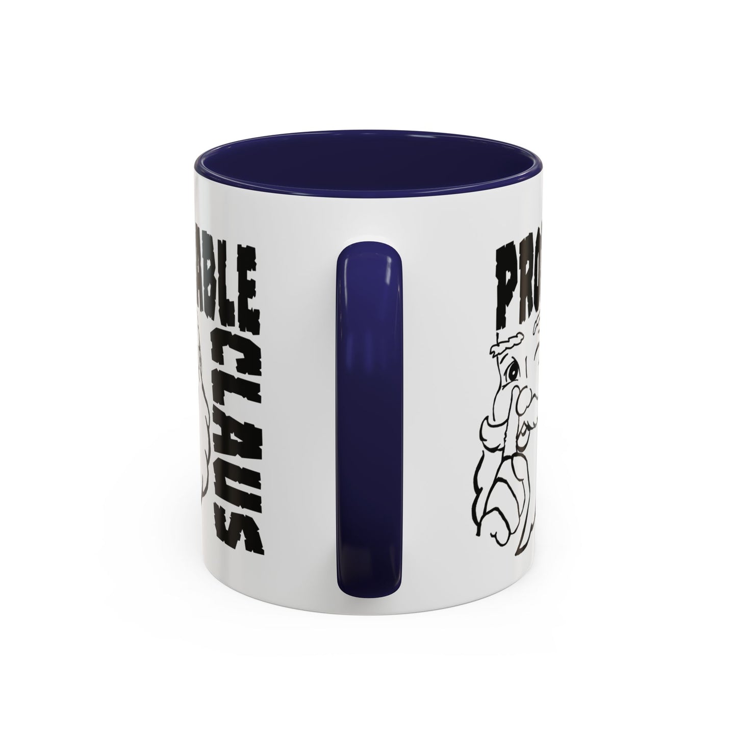 White mug with blue interior and handle, featuring text and a graphic design on a white background