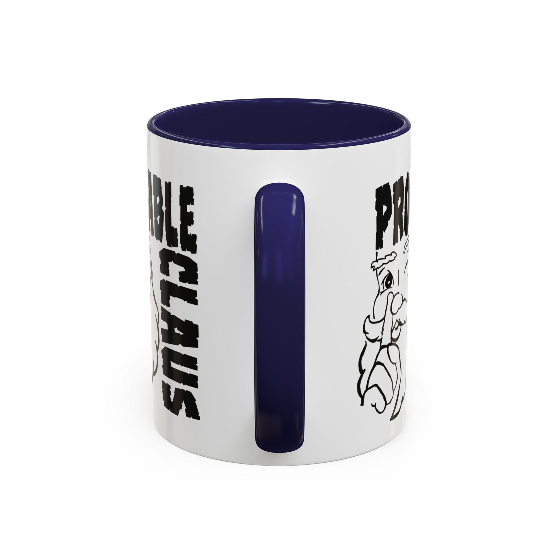 White mug with blue interior and handle, featuring text and a graphic design on a white background