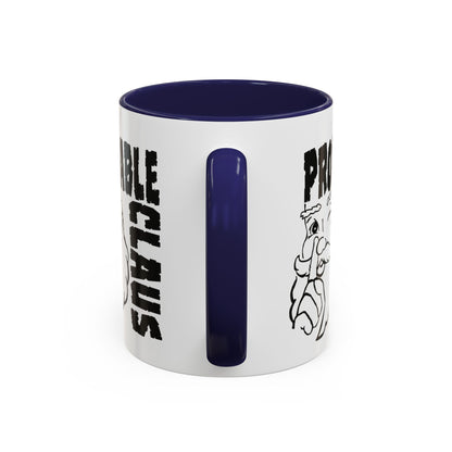 White mug with blue interior and handle, featuring text and a graphic design on a white background