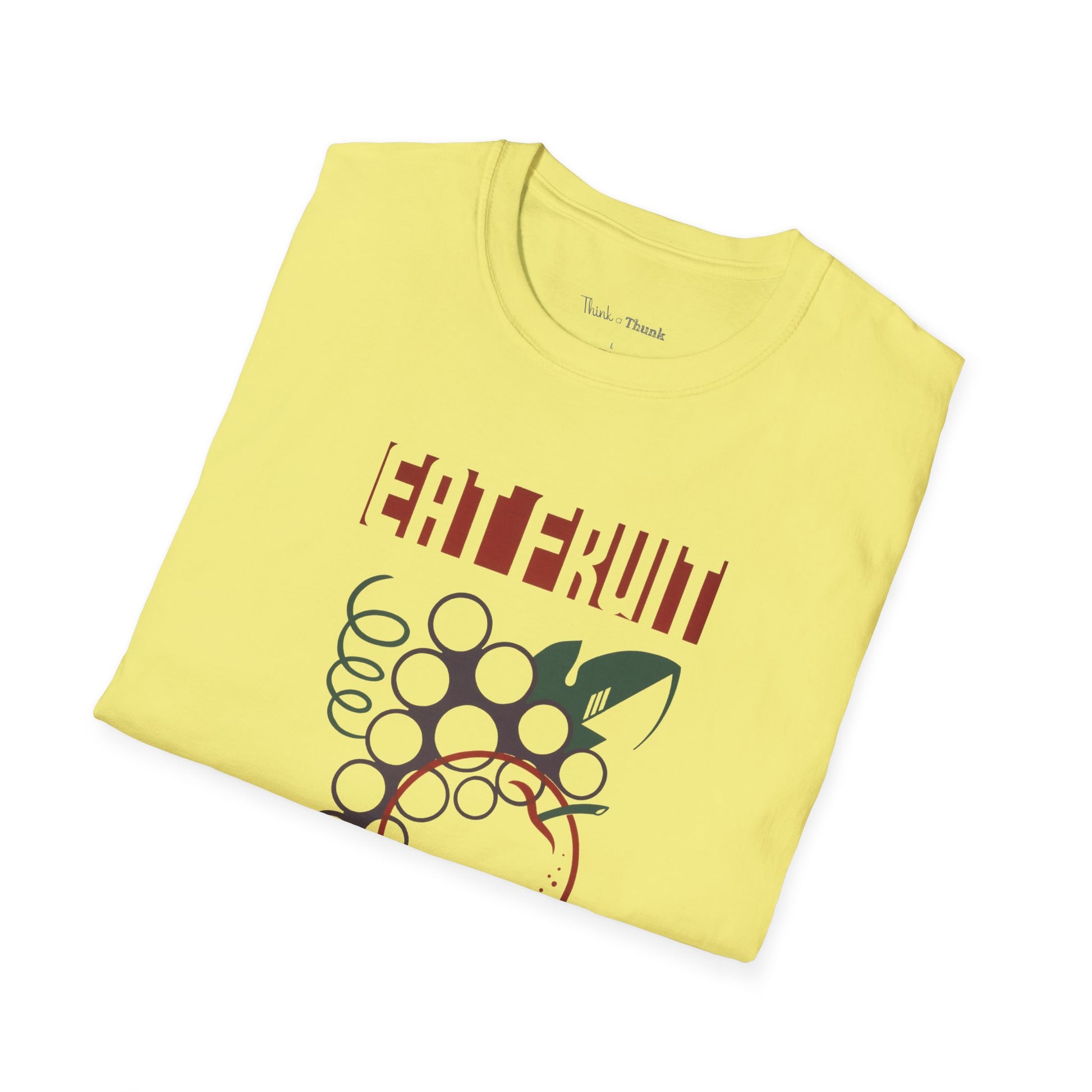 Folded yellow t-shirt with graphic design and text on a white background