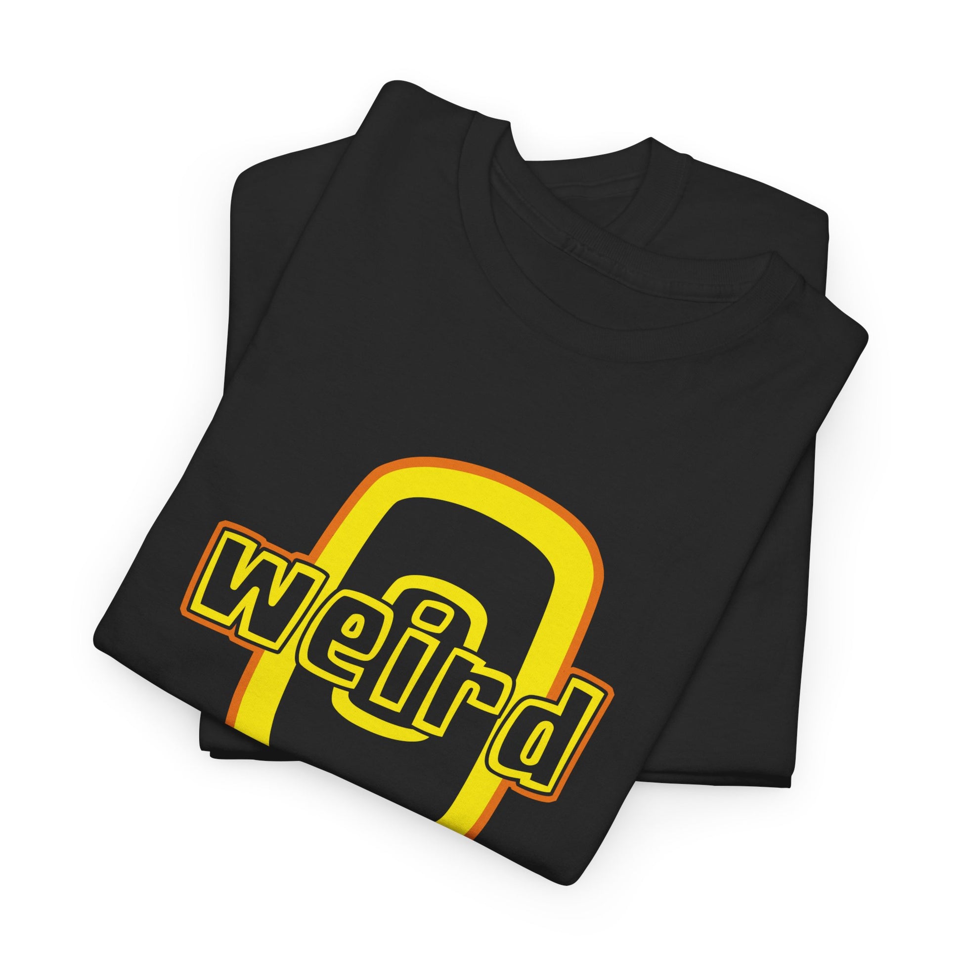 Folded black t-shirt with yellow and orange design on a white background