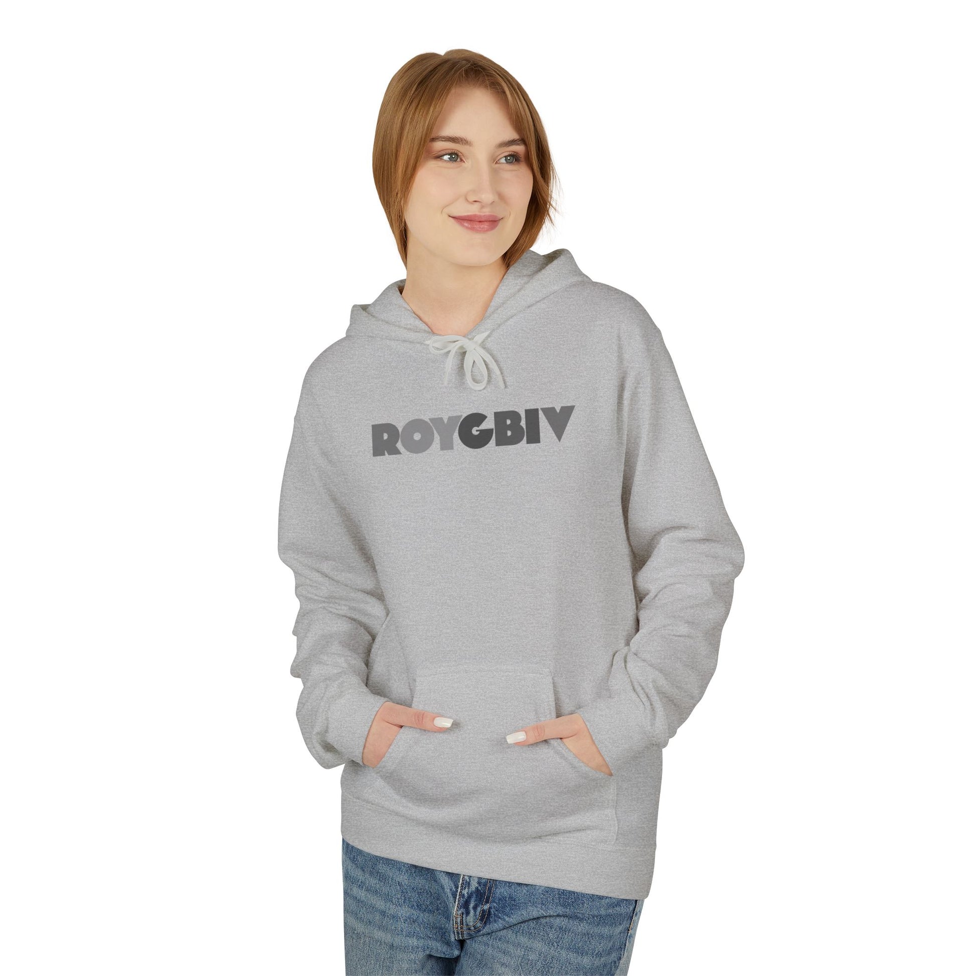 Woman wearing a gray hoodie with 'ROYGBIV' text on a white background