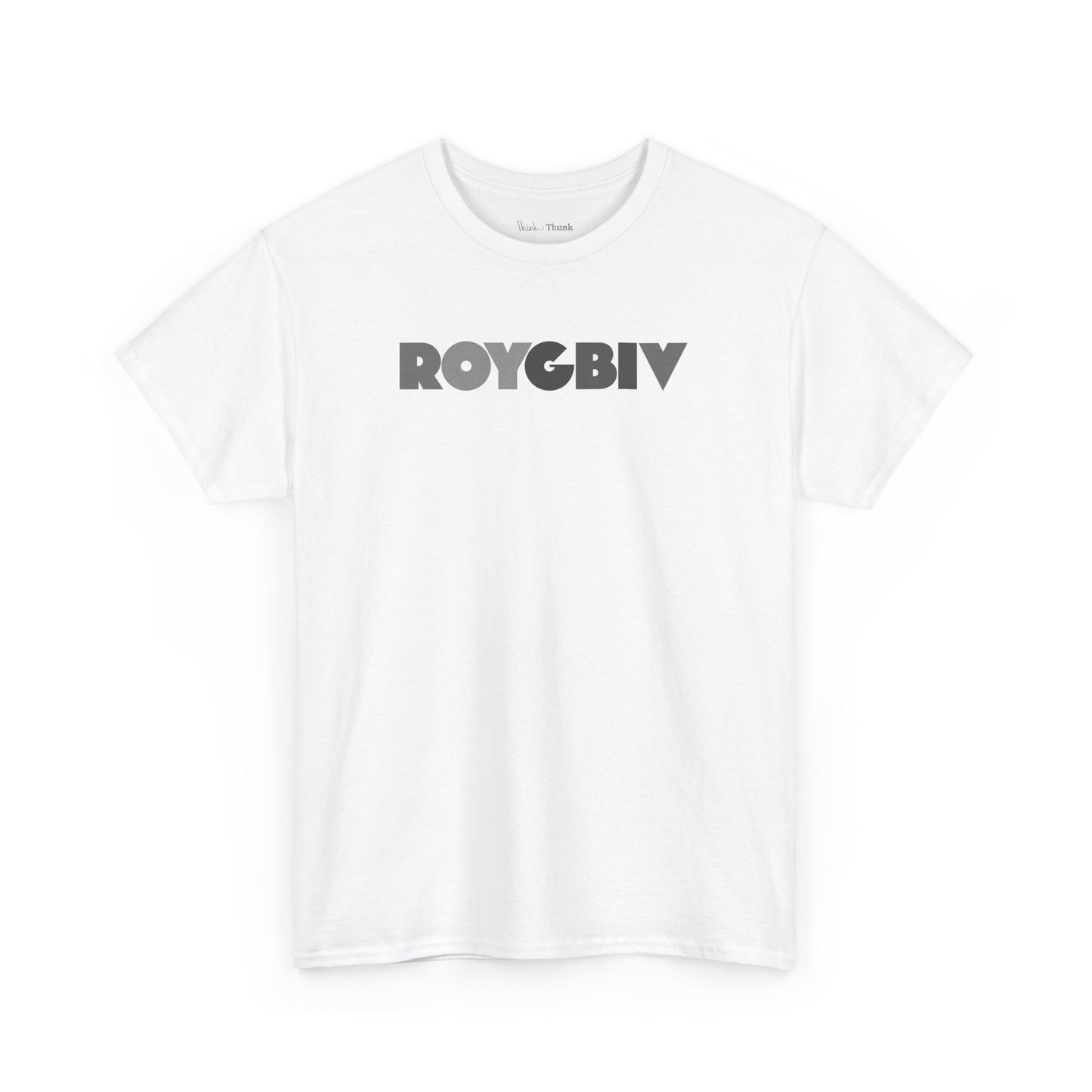 White t-shirt with 'ROYGBIV' graphic.