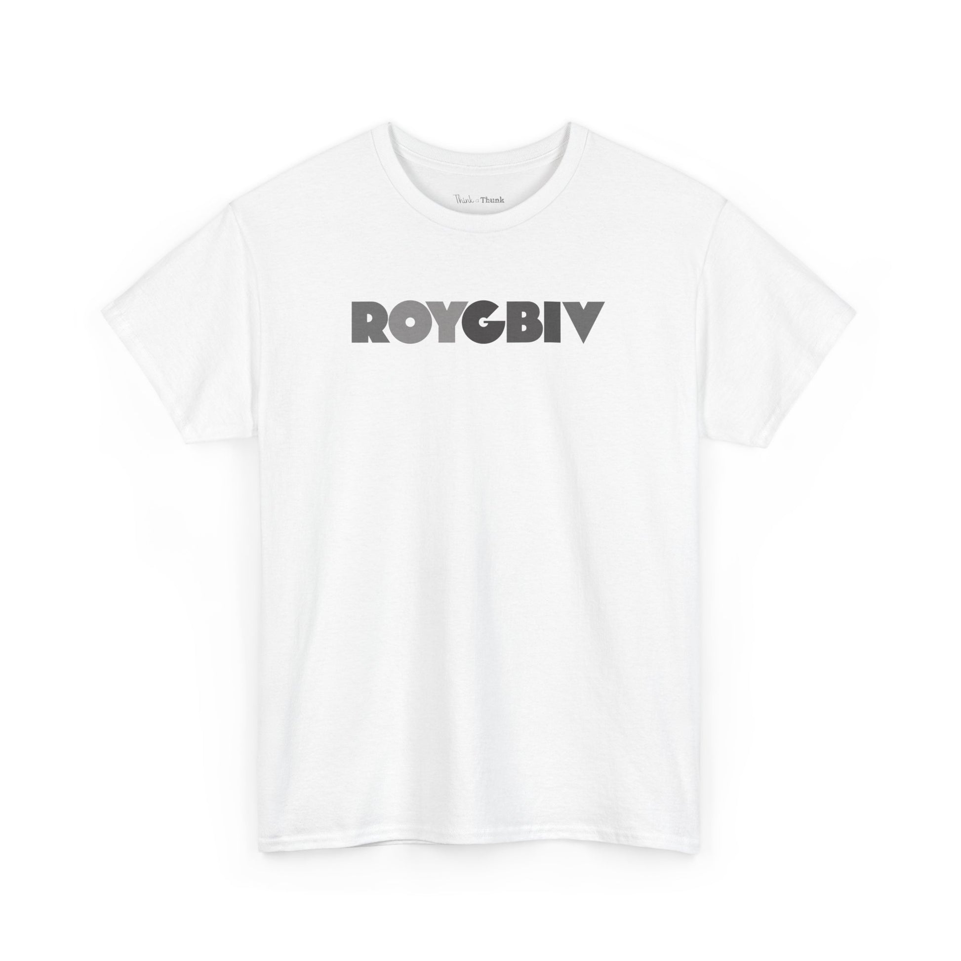 White t-shirt with 'ROYGBIV' graphic.