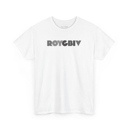 White t-shirt with 'ROYGBIV' graphic.