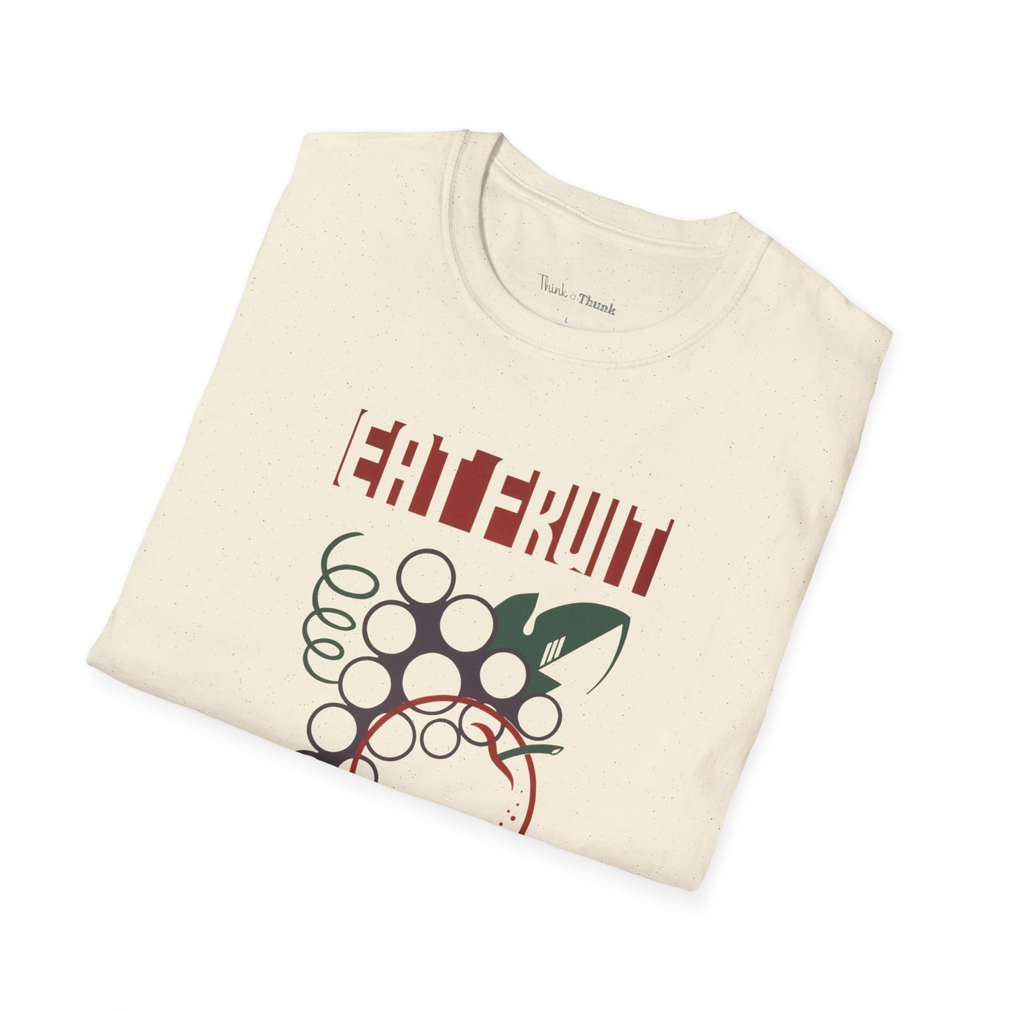 Folded t-shirt with 'EAT FRUIT' graphic design on a white background