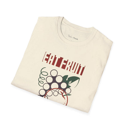 Folded t-shirt with 'EAT FRUIT' graphic design on a white background