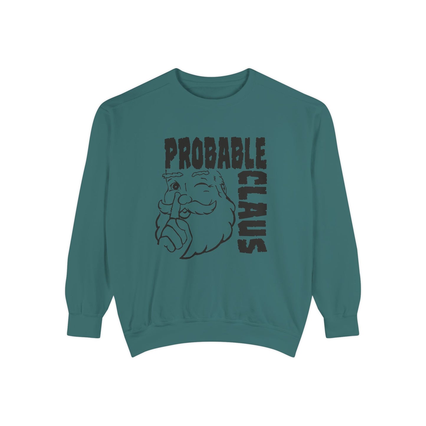 Teal sweatshirt with 'Probable Claus' graphic on a white background