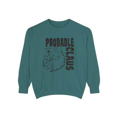 Teal sweatshirt with 'Probable Claus' graphic on a white background
