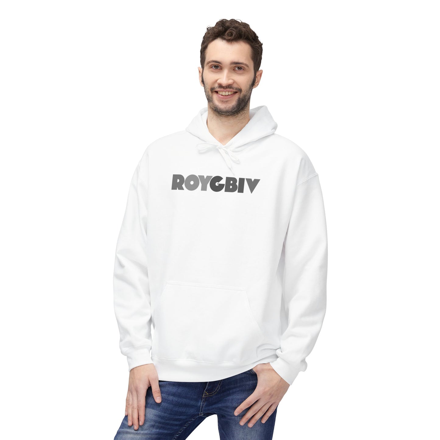 Man wearing a white hoodie with 'ROYGBIV' text on a white background