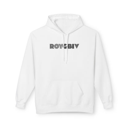 White hoodie with 'ROYGBIV' text on a white background