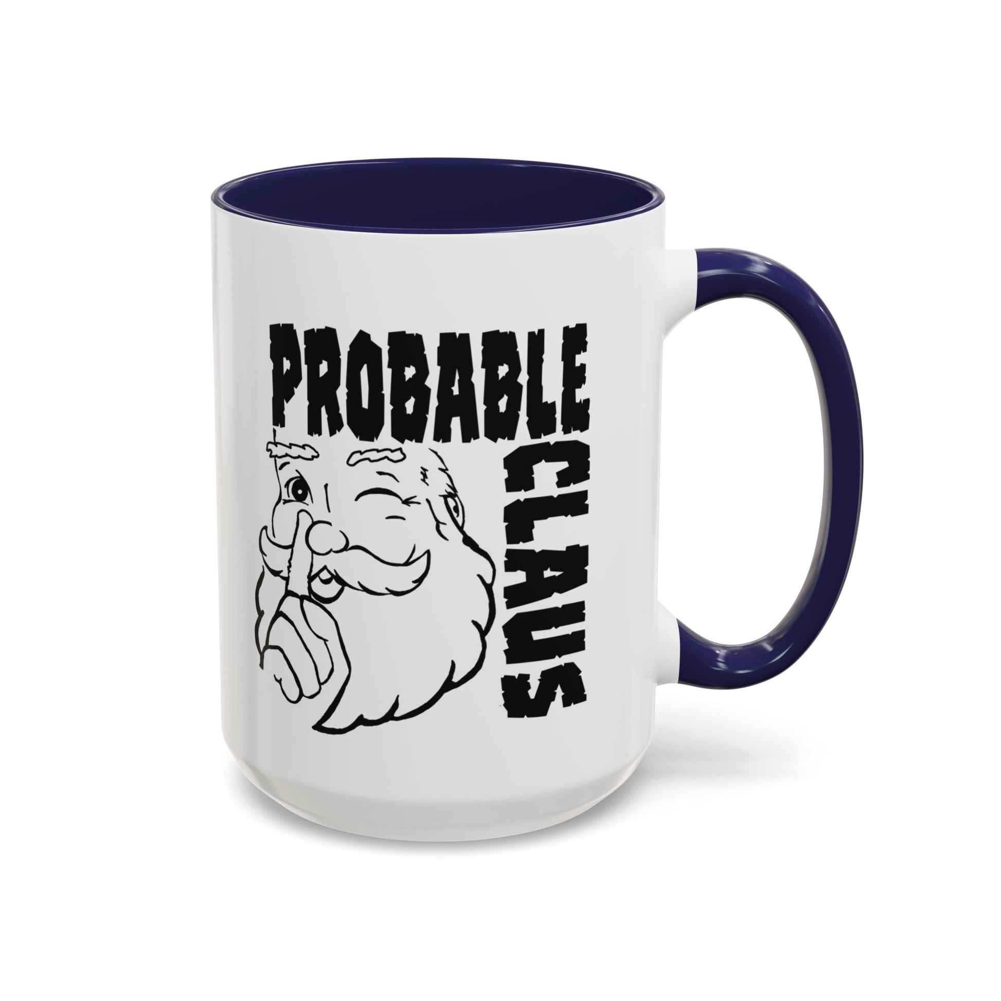 Mug with 'Probable Claus' text and Santa Claus graphic on a white background