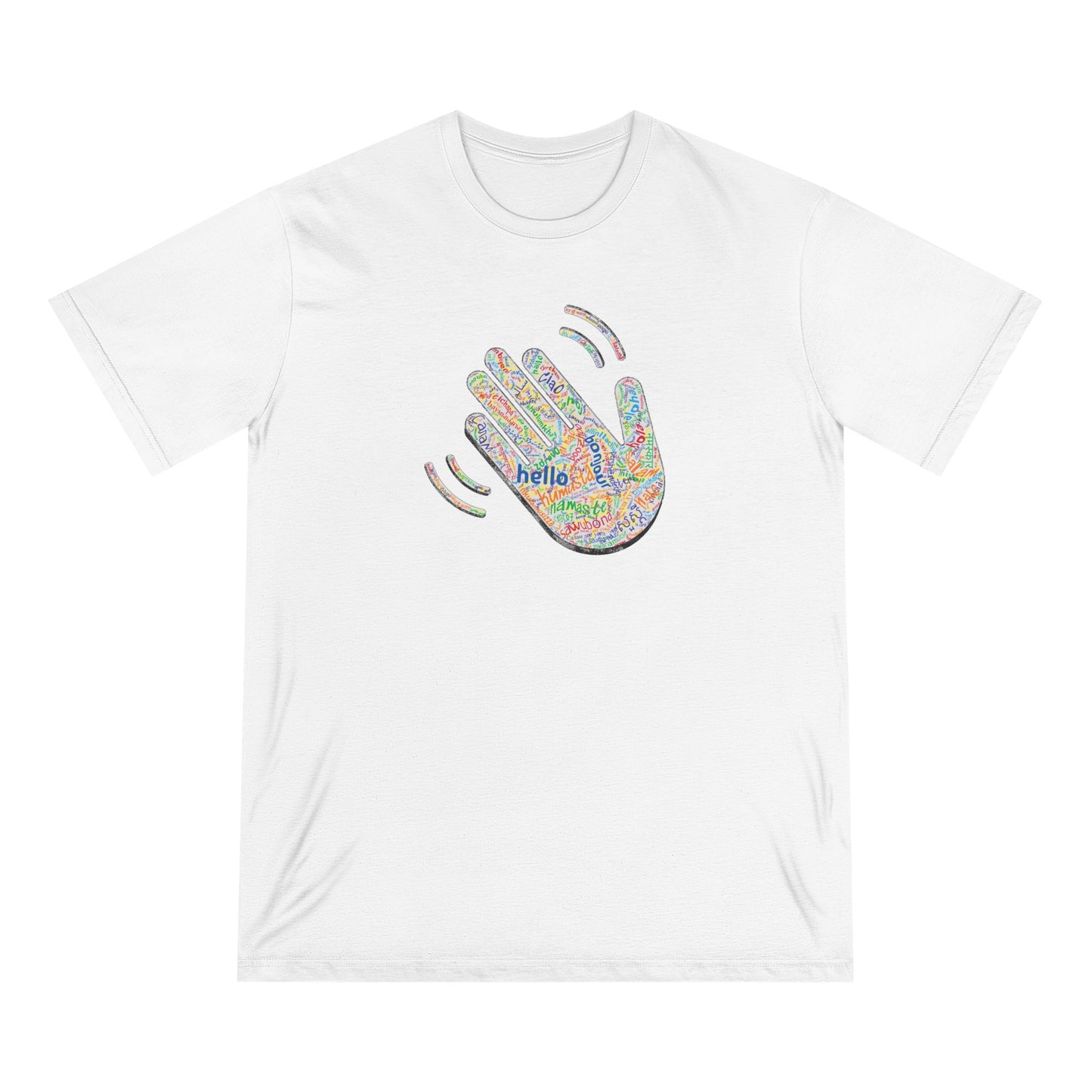 White t-shirt with colorful hand design and 'hello' text on a white background