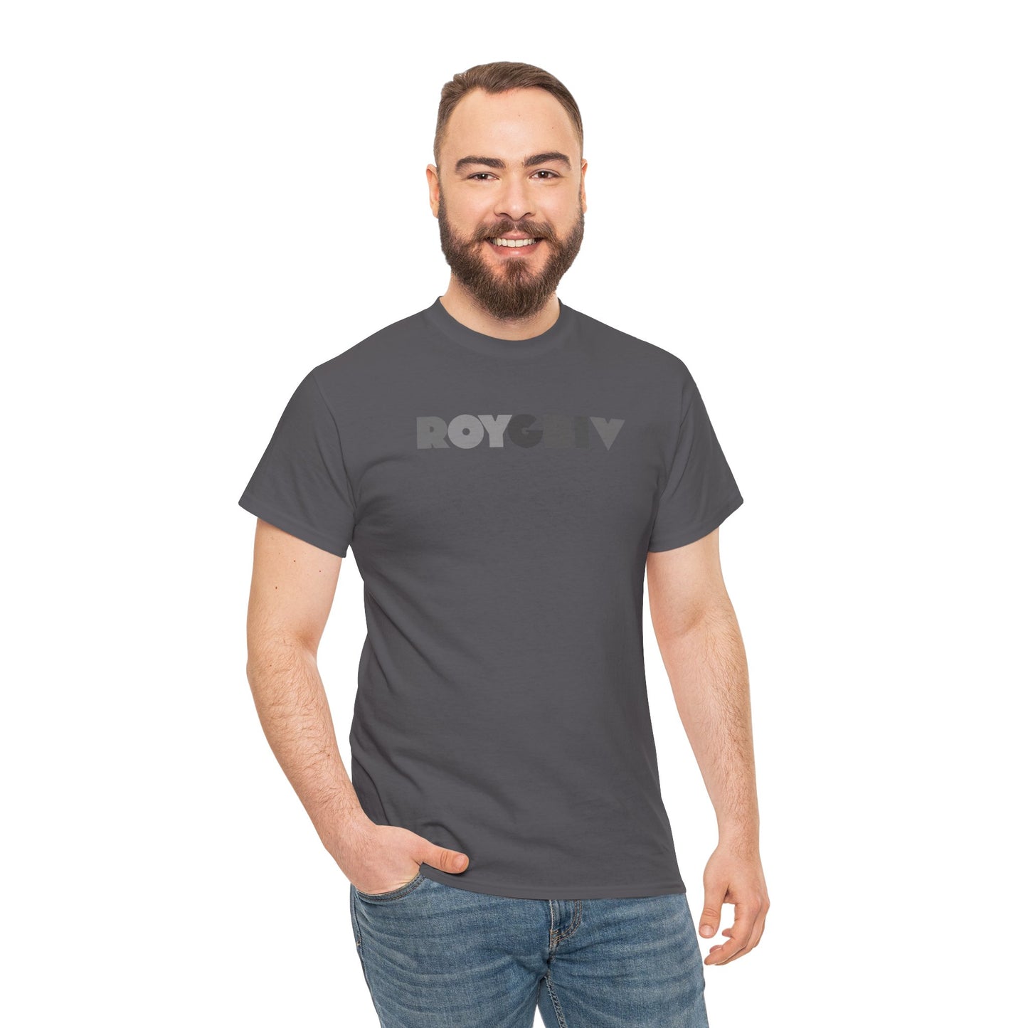 Man wearing a dark gray t-shirt with 'ROYGBIV'  logo on a white background
