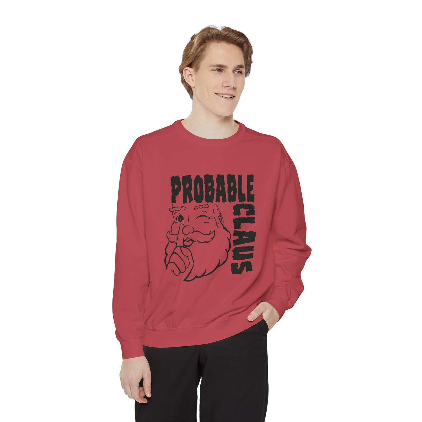 Person wearing a red sweatshirt with 'Probable Claus' text and graphic on a white background