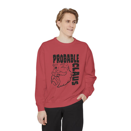 Person wearing a red sweatshirt with 'Probable Claus' text and graphic on a white background