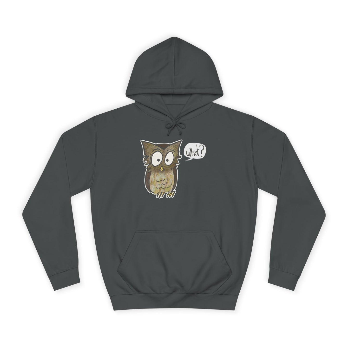 Gray hoodie with an owl graphic and 'What?' text on a white background