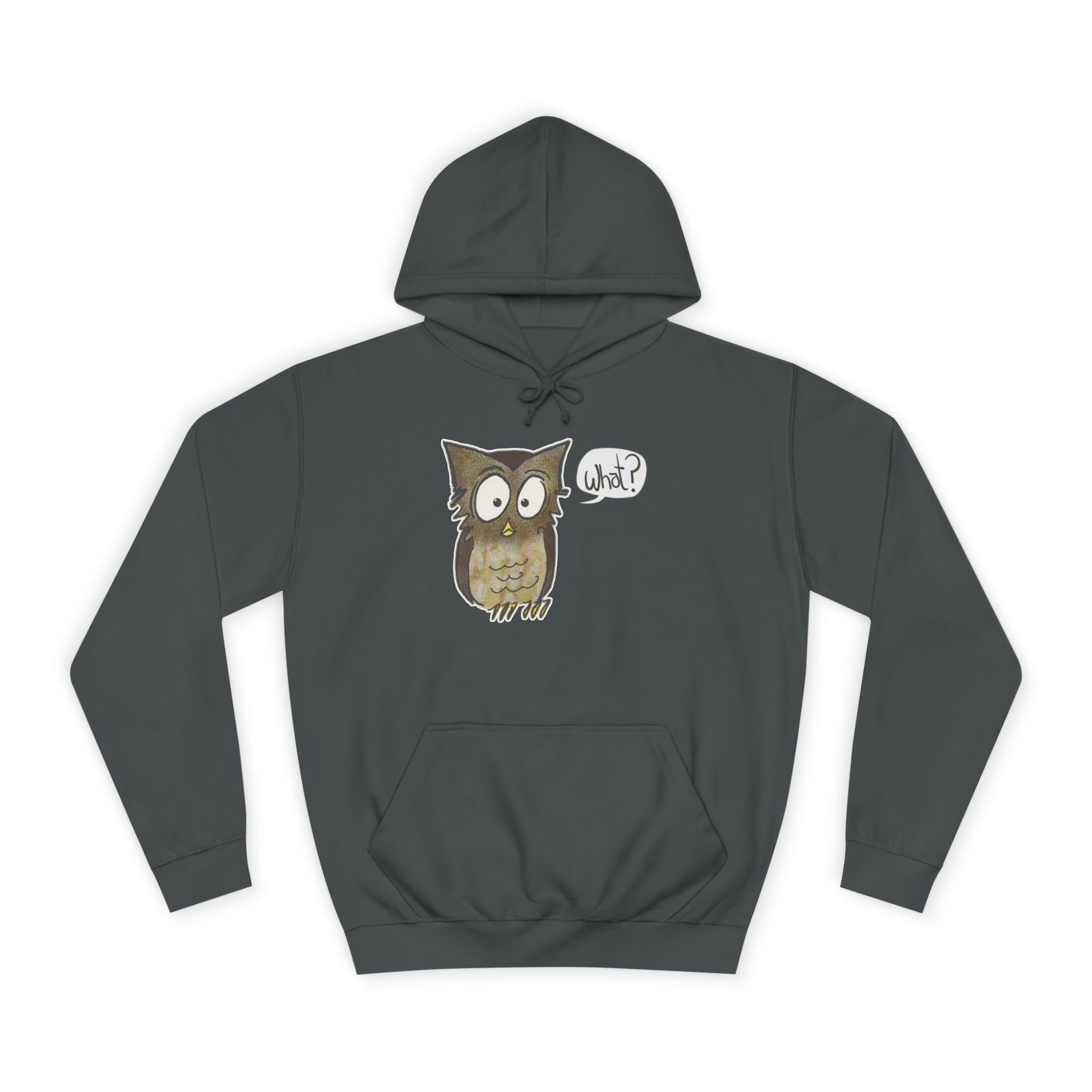 Gray hoodie with an owl graphic and 'What?' text on a white background