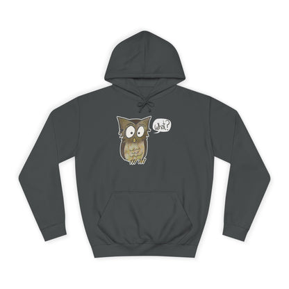 Gray hoodie with an owl graphic and 'What?' text on a white background